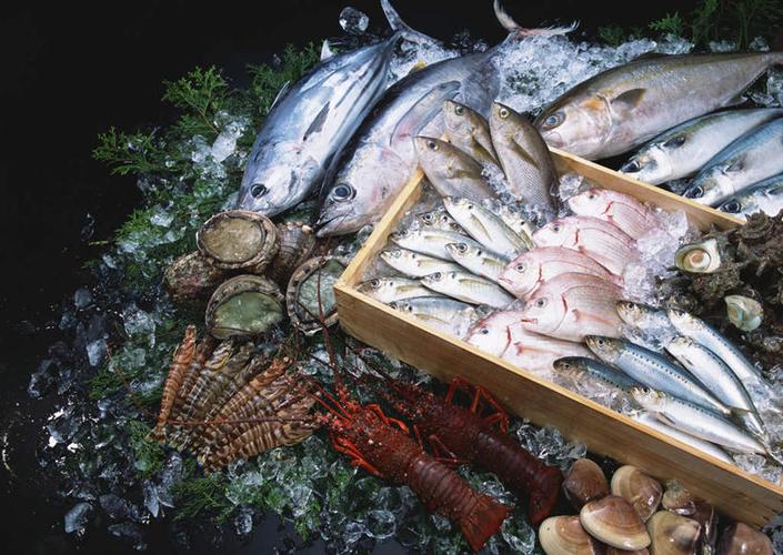 水产,大虾,海洋生物,红色,木制品,容器,嫩叶,蛤,寒冷,鲍鱼,对虾,冷藏